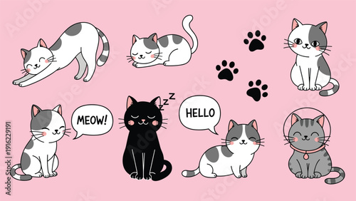 Adorable collection of cute cartoon cats and kittens in various poses, including paw prints and fun speech bubbles on a pink background.