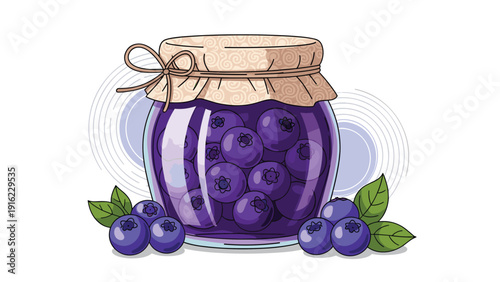 Beautifully illustrated glass jar of homemade blueberry jam with a cloth cover, surrounded by fresh, ripe blueberries and leaves.