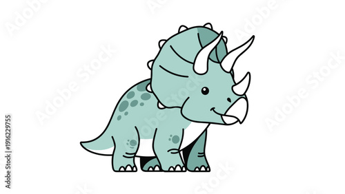 Adorable and friendly cartoon illustration of a cute baby triceratops dinosaur in a simple, clean, and minimalist art style.