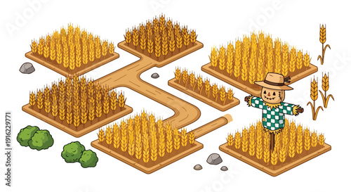 Isometric vector illustration of a golden wheat field with a scarecrow in a straw hat and green checkered shirt, isolated on a white background.