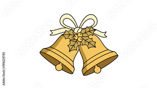 Classic golden Christmas bells decorated with a festive ribbon and holly, symbolizing the joy and celebration of the holiday season.