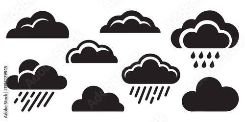 Cloud silhouettes collection with rainy droplets for weather forecast design elements isolated on white back