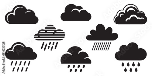 Various cloud icons with rain drops and striped patterns for weather reporting and climate design resources