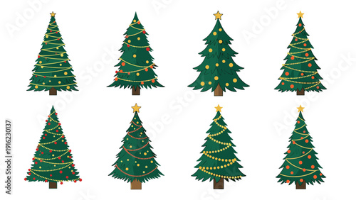 Festive collection of eight decorated christmas trees with colorful ornaments, glowing lights, and stars on a white background.
