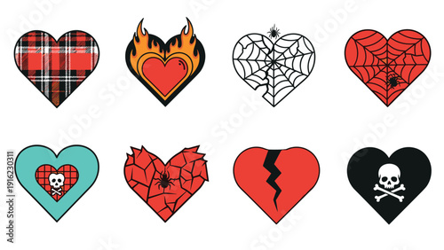 Unique set of eight stylized hearts with gothic, punk, and halloween themes like spiderwebs, skulls, and plaid patterns.