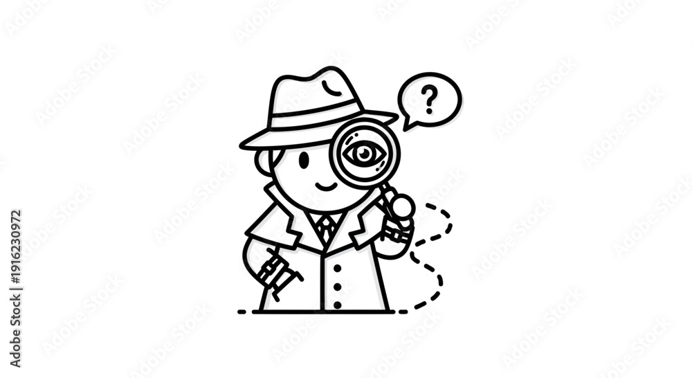 Fototapeta premium Detective cartoon character investigating with a magnifying glass and question mark