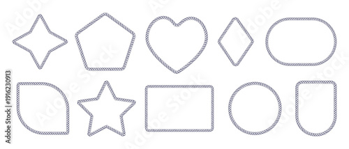 Rope brush frame borders in square and round shape vector illustration set. Nautical vector design with braided rope patterns, perfect for marine-themed decorations and vintage sailor graphics.