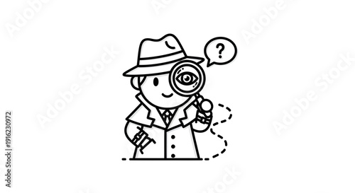 Detective cartoon character investigating with a magnifying glass and question mark
