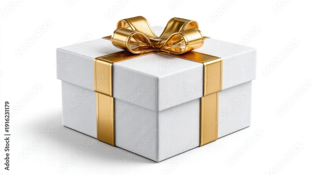 Obraz premium Elegant white gift box with a luxurious gold bow and ribbon.