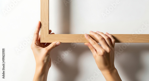 Wallpaper Mural Close-up of Woman Hands Holding and Placing Empty Wooden Picture Frame on White Wall Torontodigital.ca