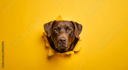 Wallpaper Mural Chocolate Labrador Retriever Dog Peeking Through Hole in Torn Bright Yellow Paper Background Torontodigital.ca