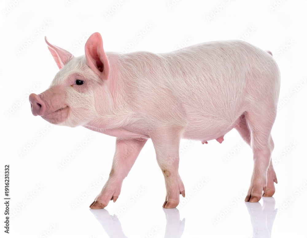 Fototapeta premium Pink, young piglet with a delicate appearance, captured on a white background, walking forward