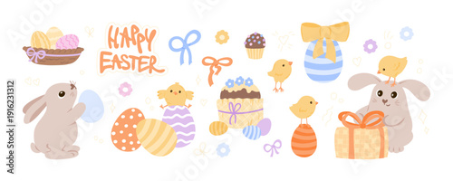 Happy Easter illustration set with rabbits, chicks, decorated eggs, and gifts, featuring text banner and various festive elements. Vector design isolated on white background.
