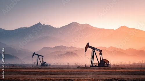 Oil pumps operate in a field with mountains in the background at sunset.
