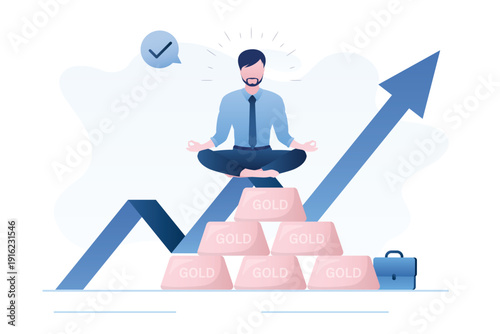 Confident businessman sitting on growing chart of precious metals, successful trading. Stacks of gold bars, upward-pointing arrow. financial success, profitable gold
