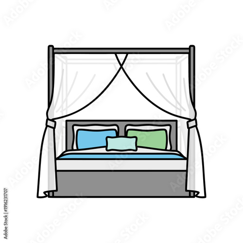 Elegant canopy bed with blue and green pillows draped in white curtains on a minimalist gray bedframe isolated on a white background