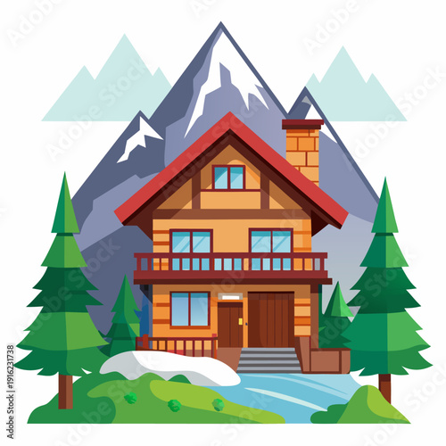Charming chalet with red roof nestled among picturesque snowy mountains and pine trees by a rushing creek on a serene day