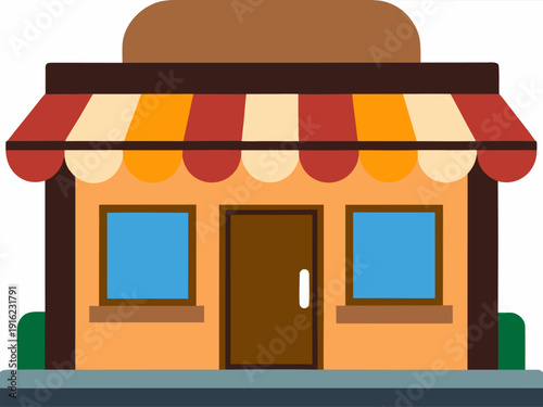 Colorful small shopfront with red and orange striped awning and brown door in simplistic cartoon style