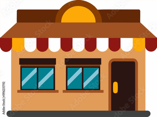 Cozy cartoon shopfront with red and white awning, large windows, and dark brown door featuring a bright yellow sign in a vibrant, simplified design