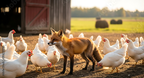 Wallpaper Mural A Red Fox Standing Confidently Amongst White Chickens in a Rural Farmyard Setting Torontodigital.ca