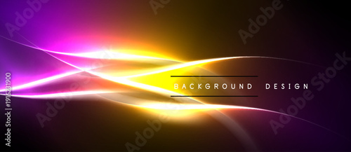 Abstract vibrant lines, gradients, purple, orange, yellow hues. Dark background creates dynamic visual effect. Modern design element.