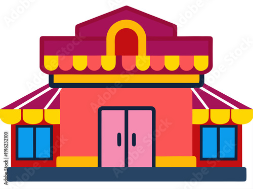 Charming cartoon shopfront with colorful awnings and windows on a sunny day - vibrant and inviting boutique store facade illustration