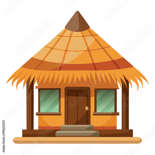Charming tropical hut with thatch roof and wooden structure featuring large windows and sturdy steps on a wooden platform