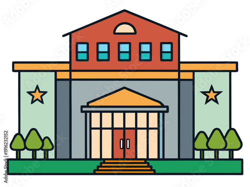 Colorful urban building with trees and stars: front view of modern architecture featuring large glass doors and symmetrical design elements