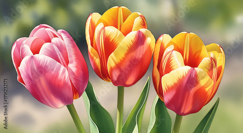 Wallpaper Mural Beautiful Watercolor Illustration of Three Spring Tulips in Pink and Yellow Orange Hues Torontodigital.ca
