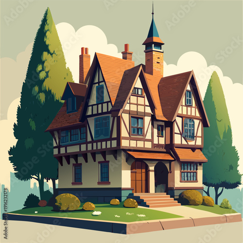 Charming tudor-style house with tower and gabled roof surrounded by lush greenery on a sunny day
