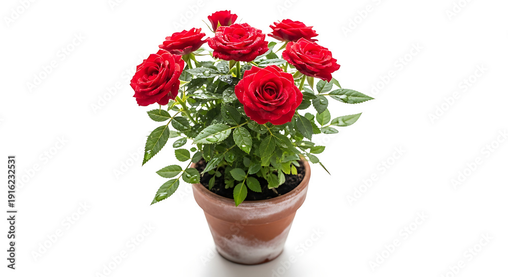 Obraz premium Beautiful Red Miniature Roses in a Terracotta Clay Pot Isolated on White Background