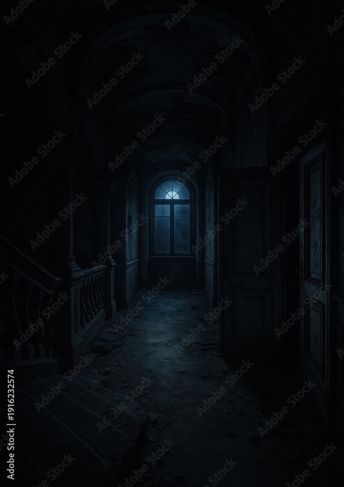 Obraz premium Eerie abandoned hallway with window.