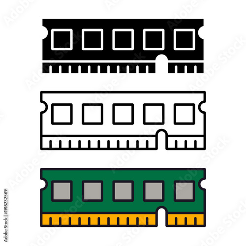 Computer RAM icons - colored, flat and linear editable vector.