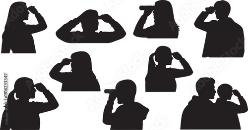 Silhouettes of people looking through binoculars in various poses