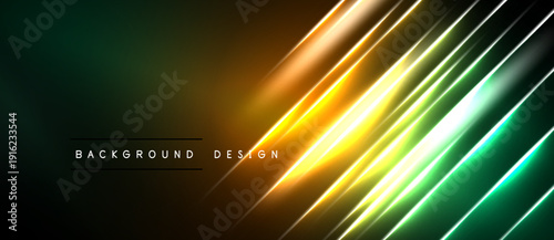 Abstract neon lines create dynamic gradient effect. Dark background emphasizes bright illumination, modern design element.