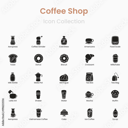 Coffee and cafe vector icons featuring drinks equipment and cafe items