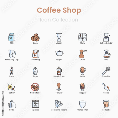 Coffee shop and barista vector icon collection for cafe branding