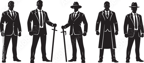 Silhouettes of men in suits and hats standing confidently
