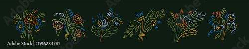 Modern minimalistic flowers drawings set. Trendy floral bunches, creative bouquets in line art style. Stylized simple spring plants of abstract shape. Isolated hand-drawn graphic vector illustrations