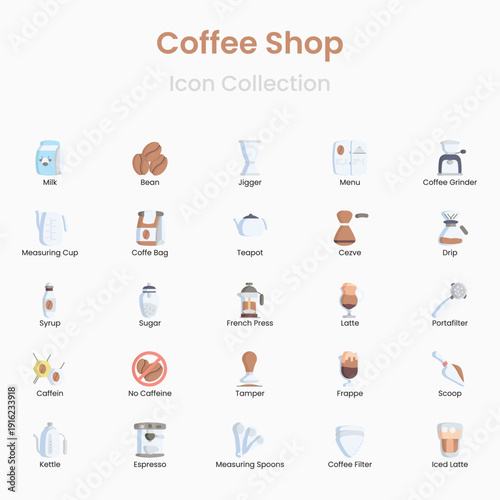 Coffee shop vector icons set for cafe beverage and barista use