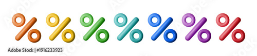 3D percent discount icon set with colorful numbers in red, blue, green, and yellow. 