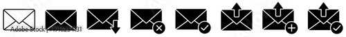 Mail envelope action icons set with send, receive, delete and check symbols. Mail and envelope symbols set for email message notification. Mail and envelope symbols for email communication. mail, icon