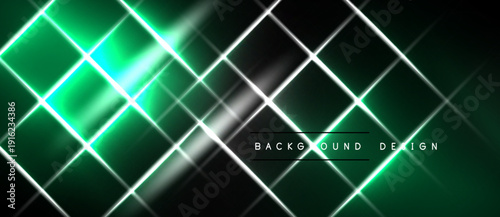 Dark backdrop features vibrant green, white lines forming diagonal grid pattern. Modern design evokes energy, depth.