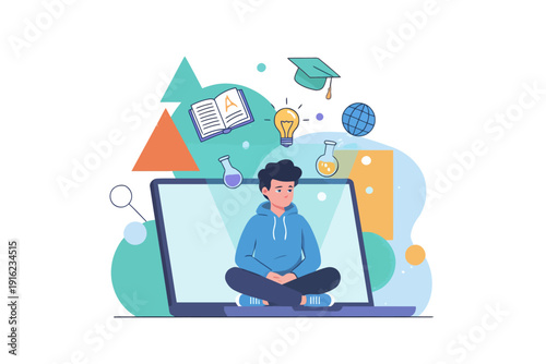 Man meditating on laptop screen surrounded by education and innovation symbols.
