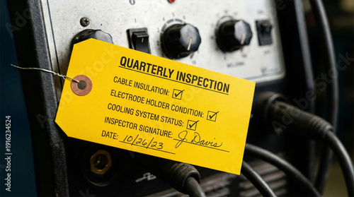 Yellow welding equipment quarterly inspection tag showing cable insulation electrode holder and cooling system checklist