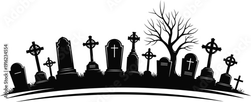 Silhouette of multiple ancient Celtic cross headstones and traditional grave markers standing in a spooky graveyard beneath a cloudy sky with a dead tree.