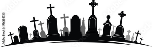 Silhouette collection of various gothic tombstones and religious crosses standing upon a curved patch of ground representing a graveyard scene