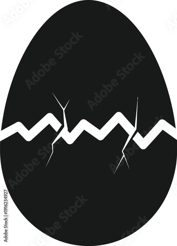 Stylized black icon depicting an eggshell beginning to crack horizontally with jagged white lines indicating fracture points for concepts of genesis or breaking containment