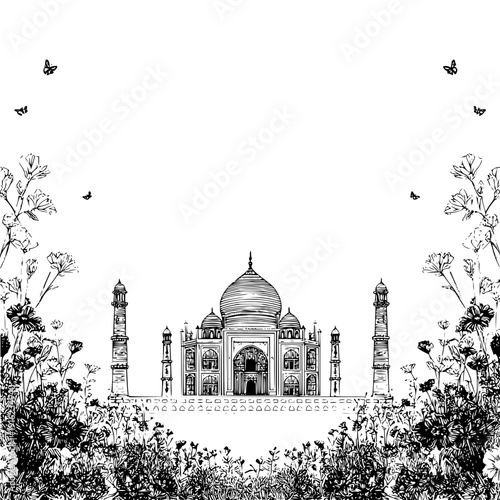 Illustration of the taj mahal with floral borders and butterflies in a monochrome sketch style design