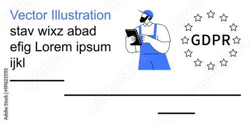Data security, GDPR compliance, privacy policy, digital governance, legal frameworks, secure systems. Cartoon worker with tablet and GDPR logo with stars. Data security and GDPR compliance concept